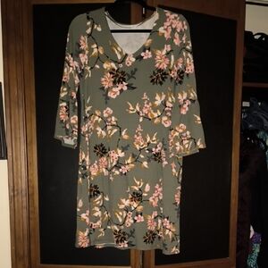 New Directions Shift Dress - Olive Green Floral